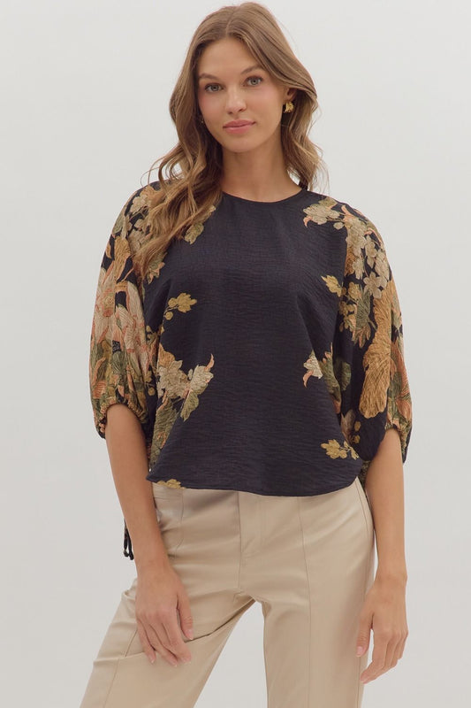 Black Botanical Puff Sleeve Top
