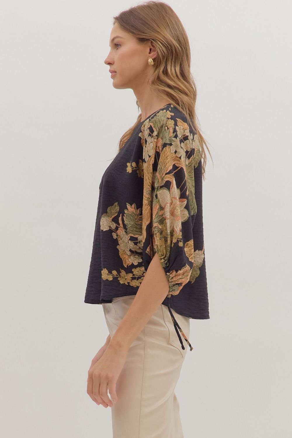 Black Botanical Puff Sleeve Top