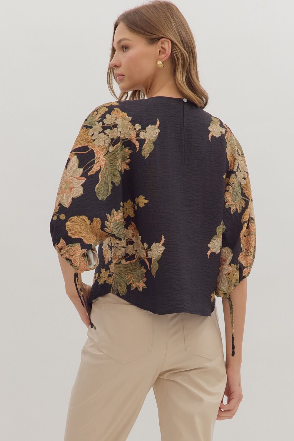 Black Botanical Puff Sleeve Top