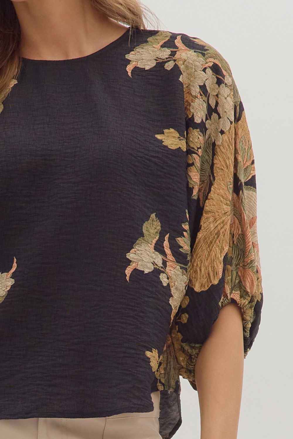 Black Botanical Puff Sleeve Top