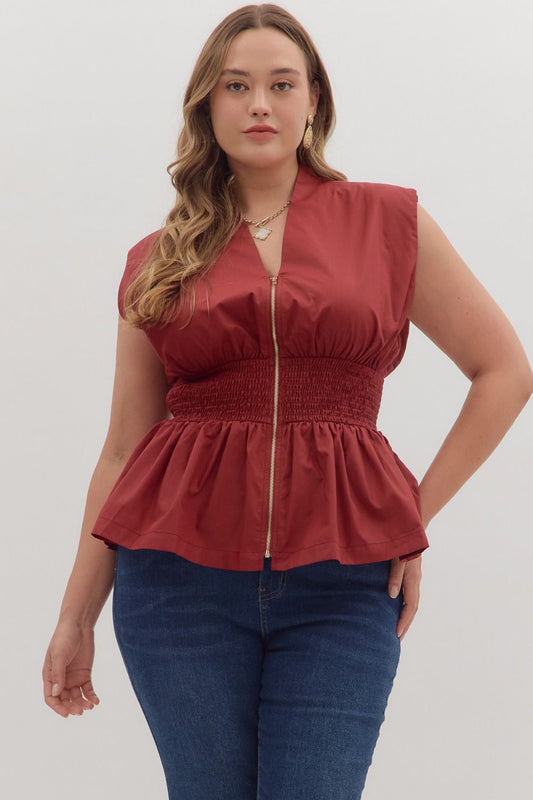 Burgundy Smocked Waist Peplum Top