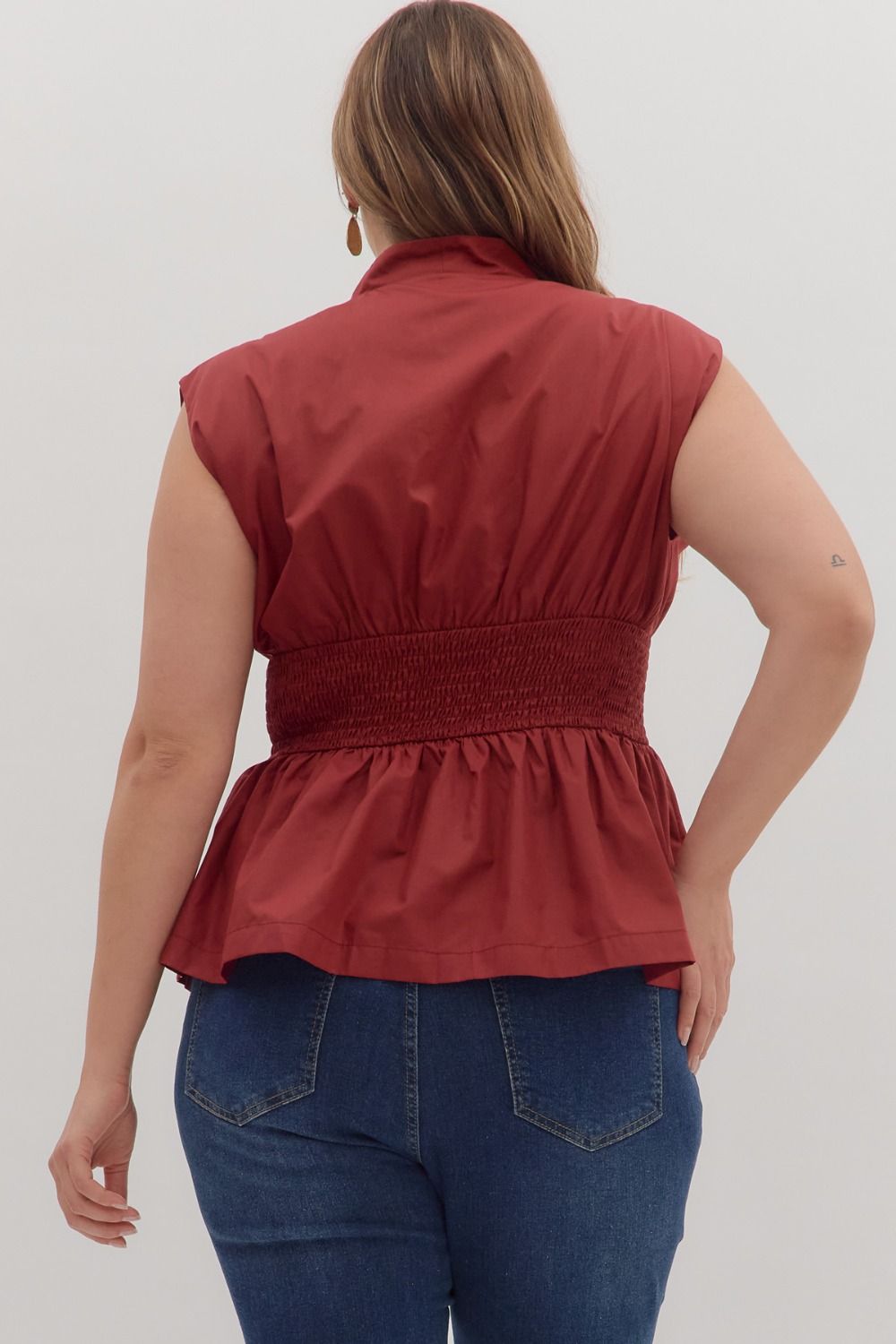 Burgundy Smocked Waist Peplum Top