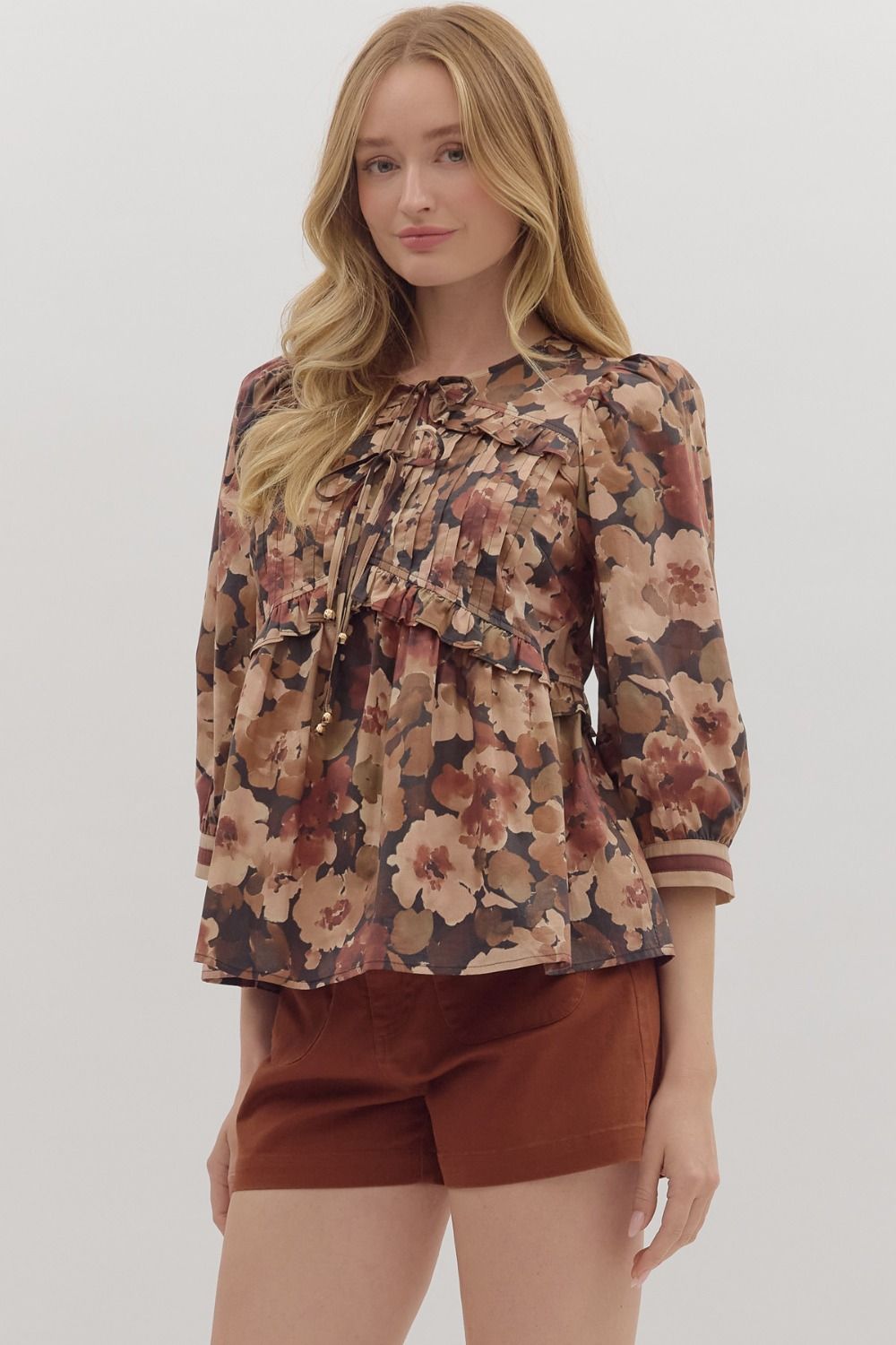 Floral Pintuck Peplum Tie Top