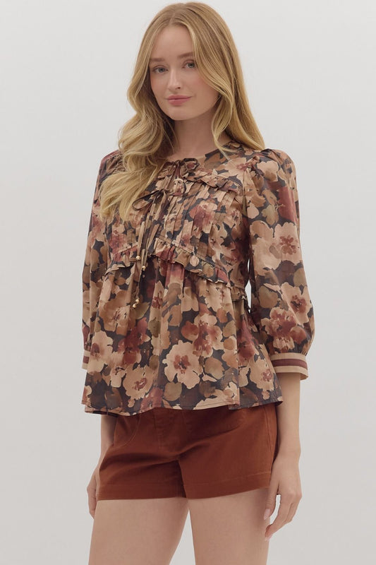 Floral Pintuck Peplum Tie Top