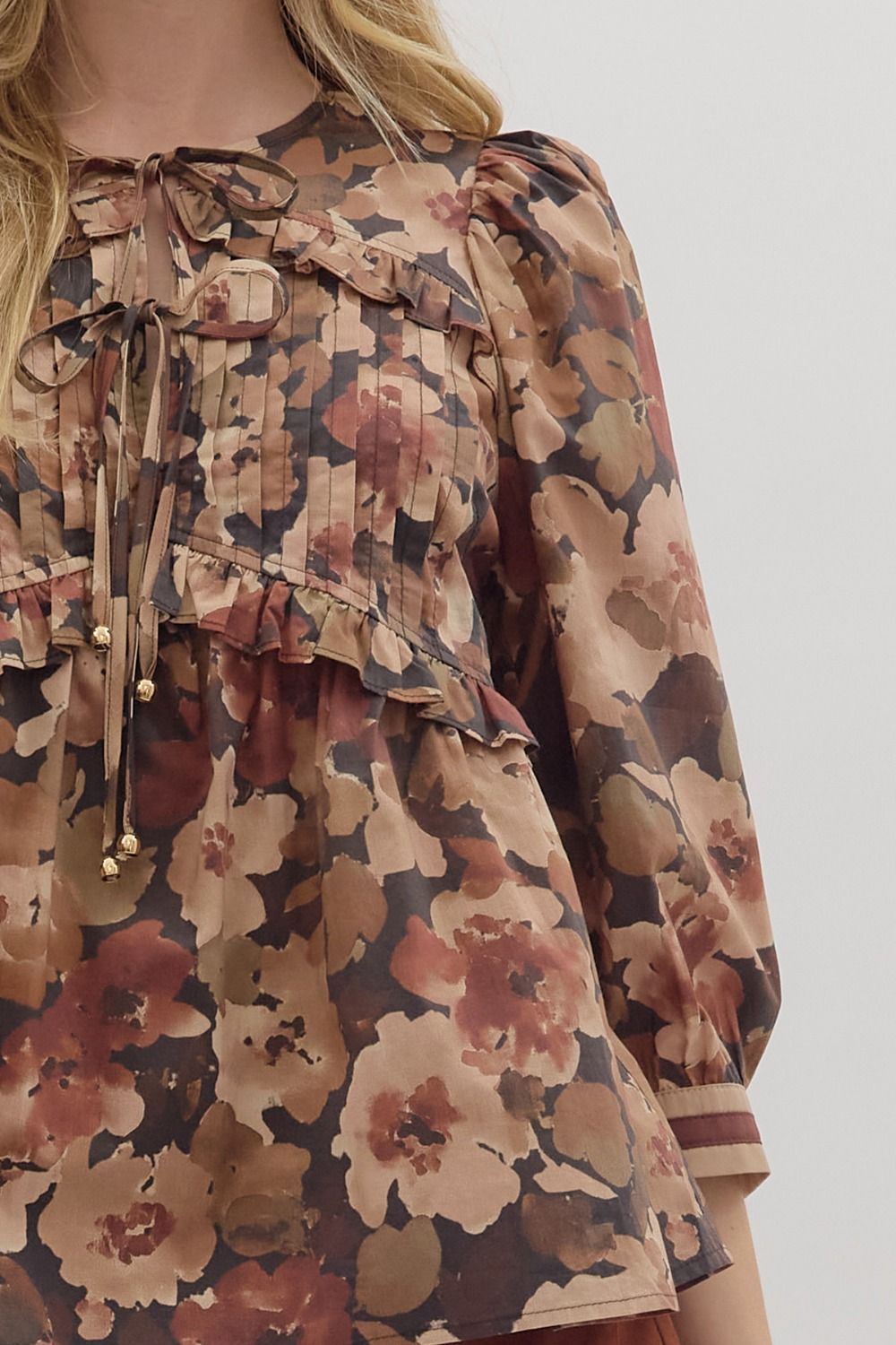 Floral Pintuck Peplum Tie Top