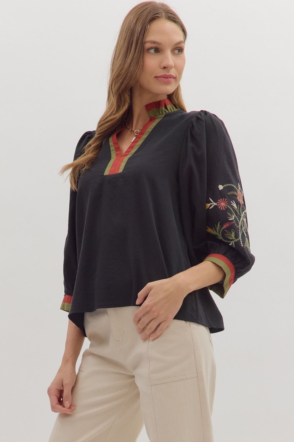 Striped Ruffle V-Neck Embroidered Top