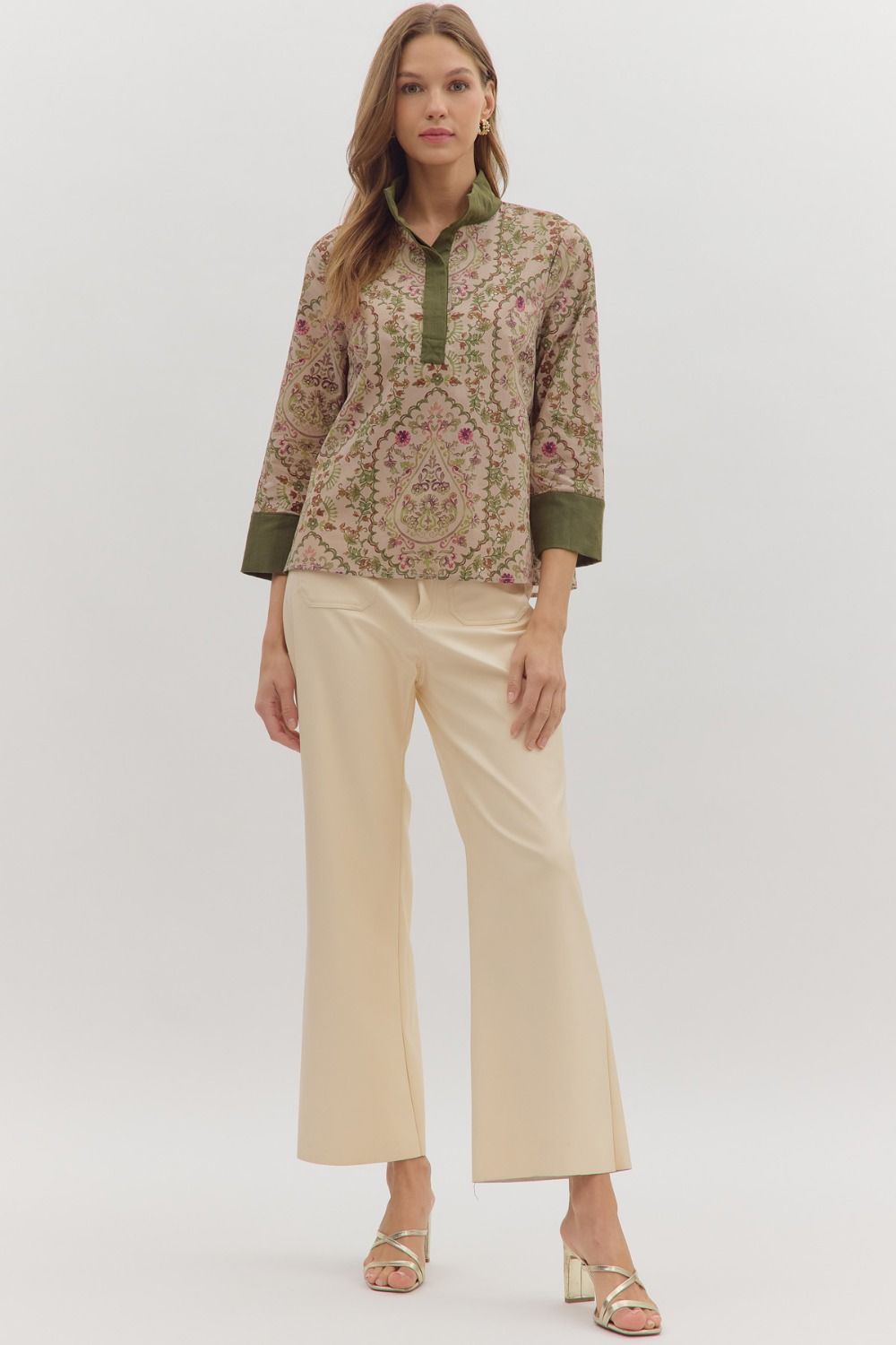 Paisley Print Contrast Collar Top