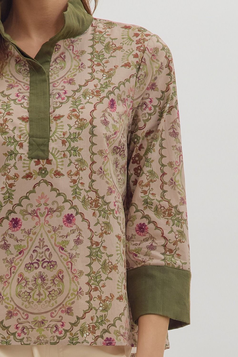 Paisley Print Contrast Collar Top