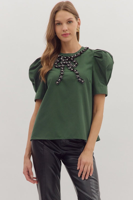 Embellished Bow Puff Sleeve Top