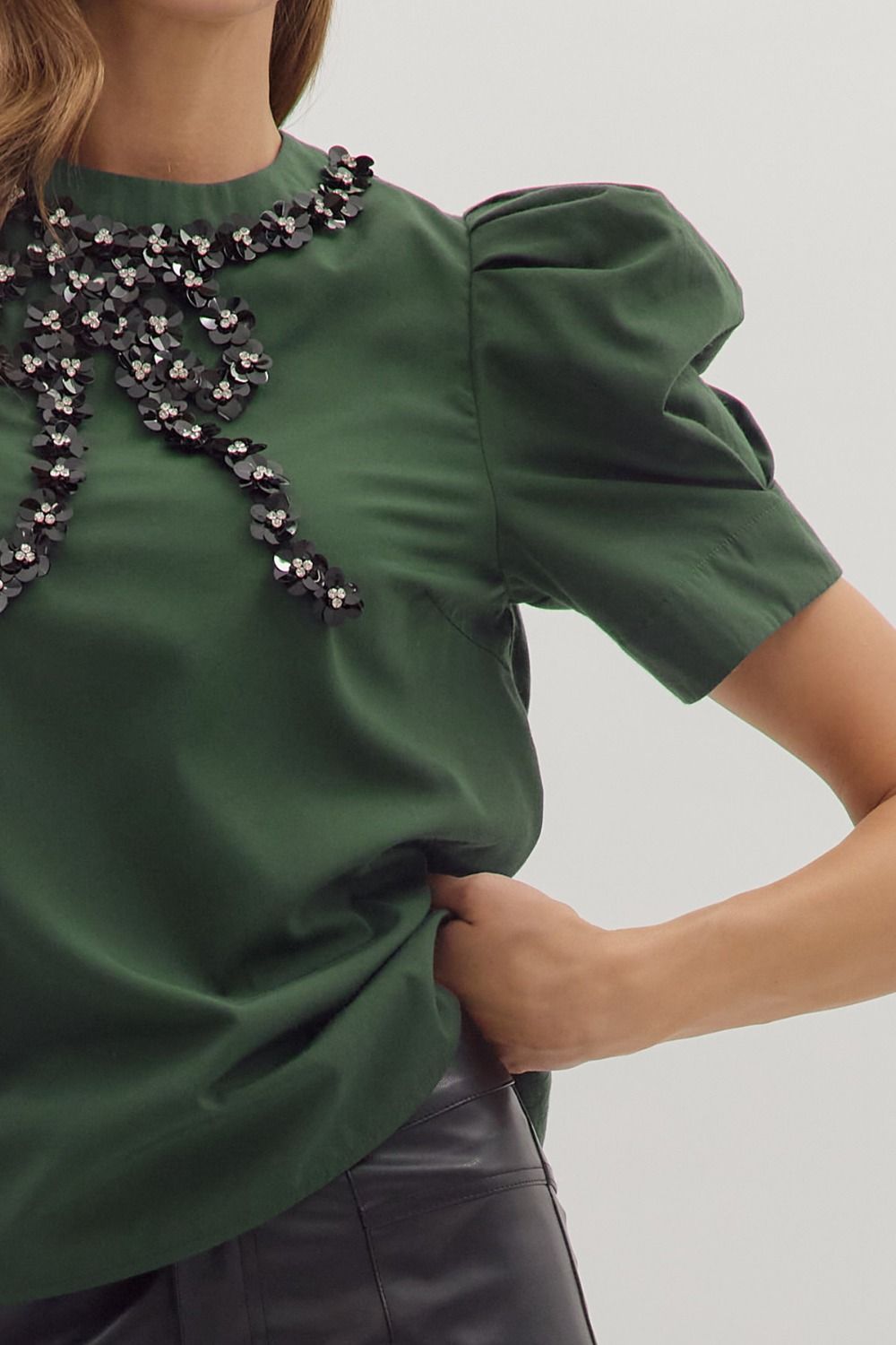 Embellished Bow Puff Sleeve Top