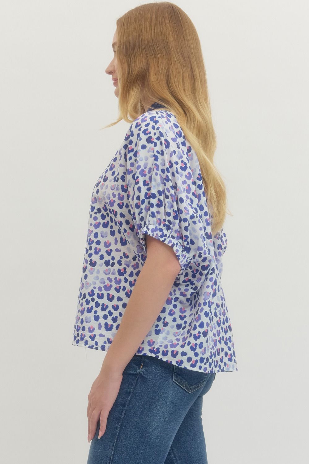 Fun Leopard Woven Top with Contrast Trim