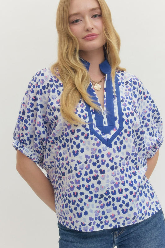 Fun Leopard Woven Top with Contrast Trim
