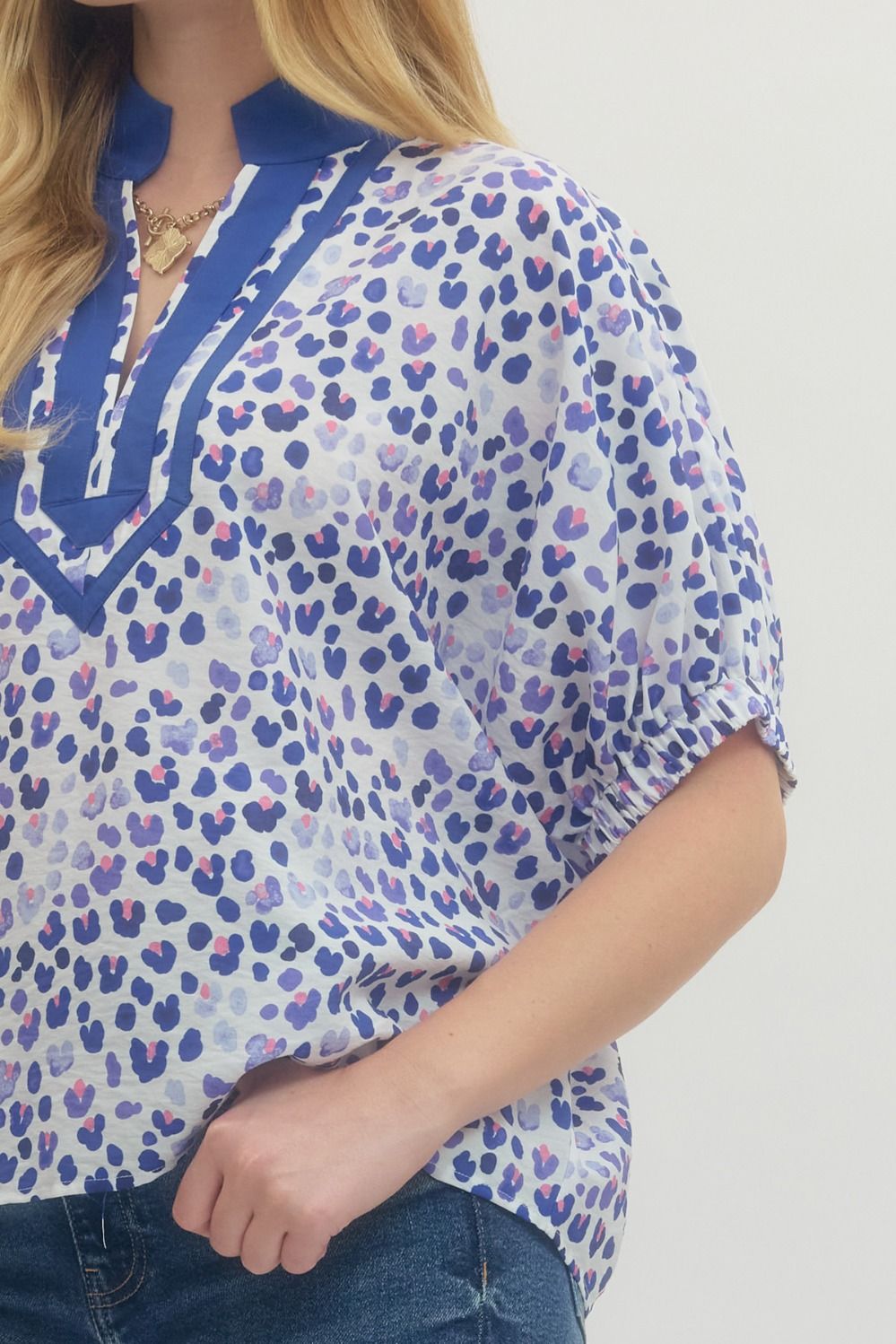 Fun Leopard Woven Top with Contrast Trim