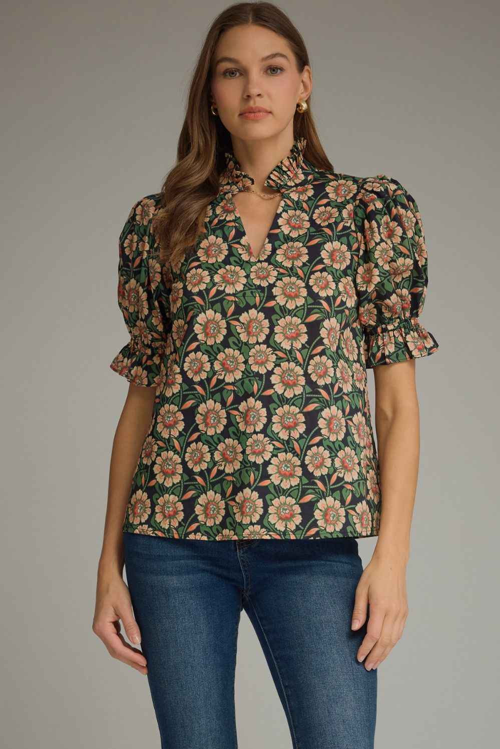 Fall Floral Puff Sleeve Ruffle Neck Blouse