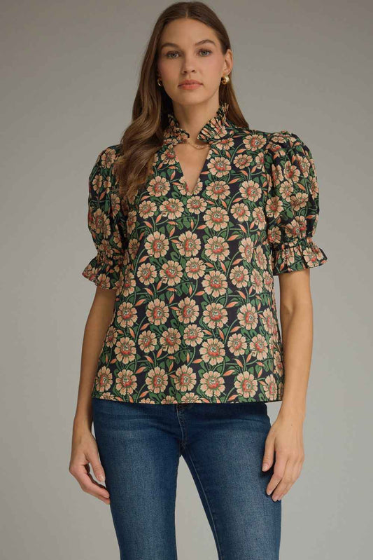 Fall Floral Puff Sleeve Ruffle Neck Blouse