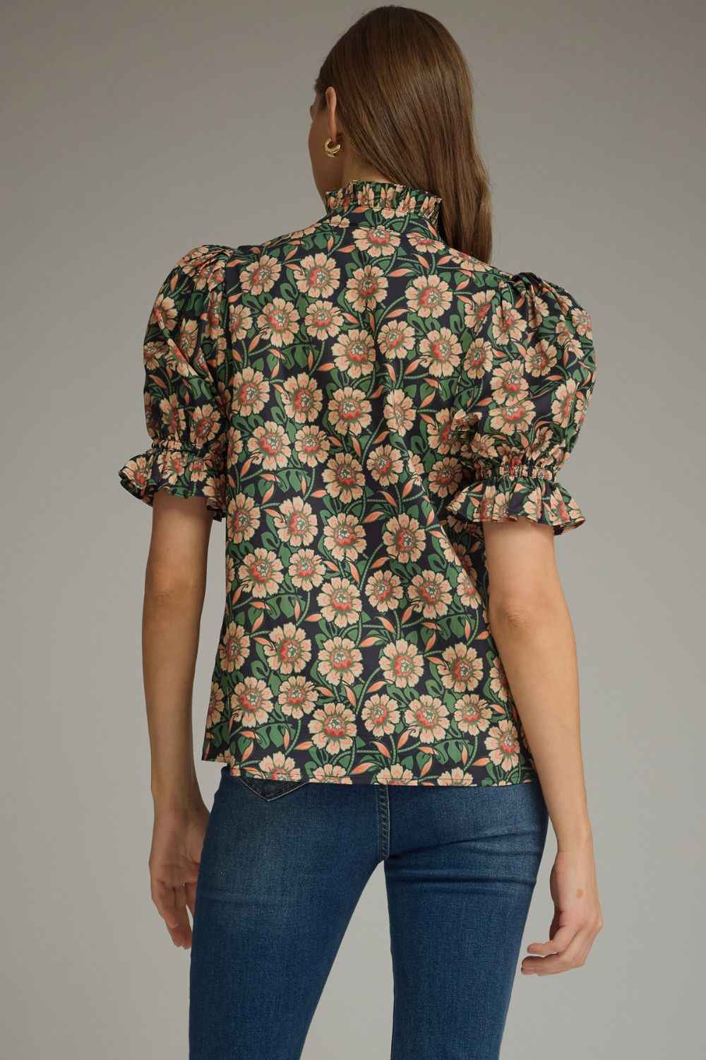 Fall Floral Puff Sleeve Ruffle Neck Blouse