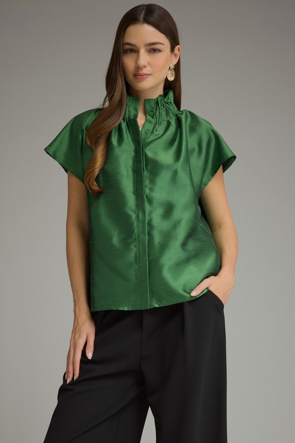 Ruffle High Neck Cap Sleeve Top