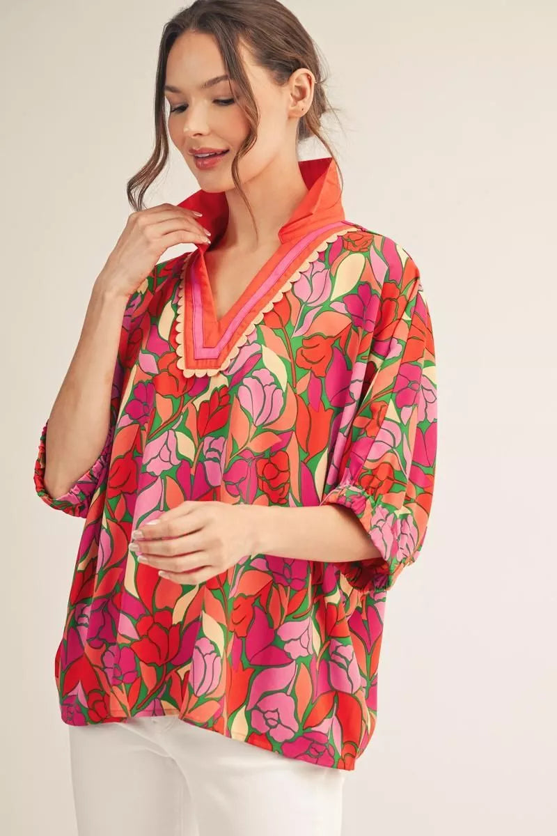 Floral Drop Shoulder Loose Fit Top with Scallop Trim