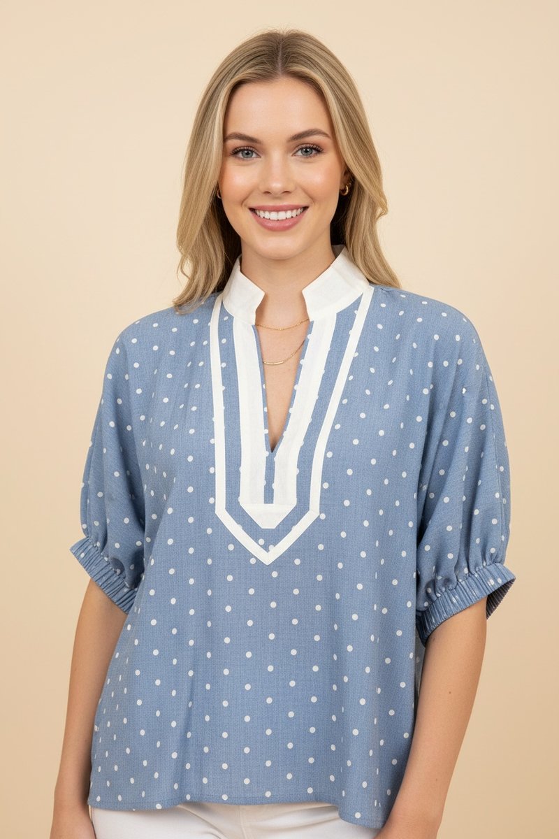 Light Blue Denim Polka Dot Puff Sleeve Blouse