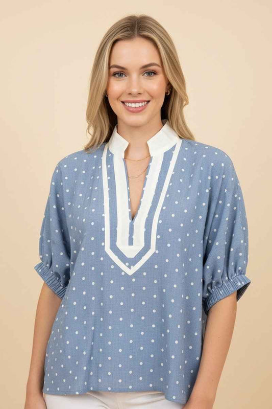 Light Blue Denim Polka Dot Puff Sleeve Blouse