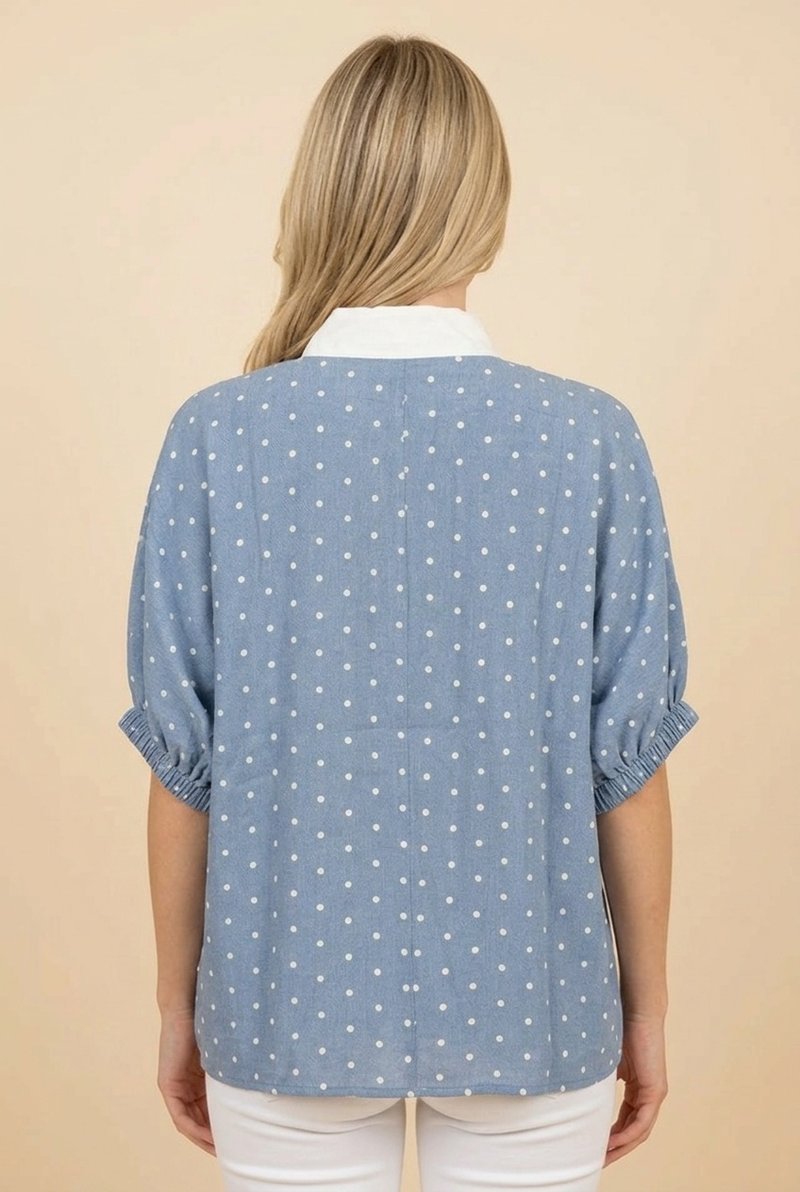 Light Blue Denim Polka Dot Puff Sleeve Blouse
