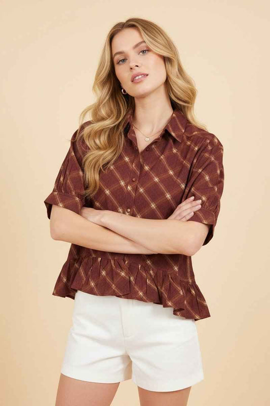 Burgundy & Brown Plaid Peplum Blouse