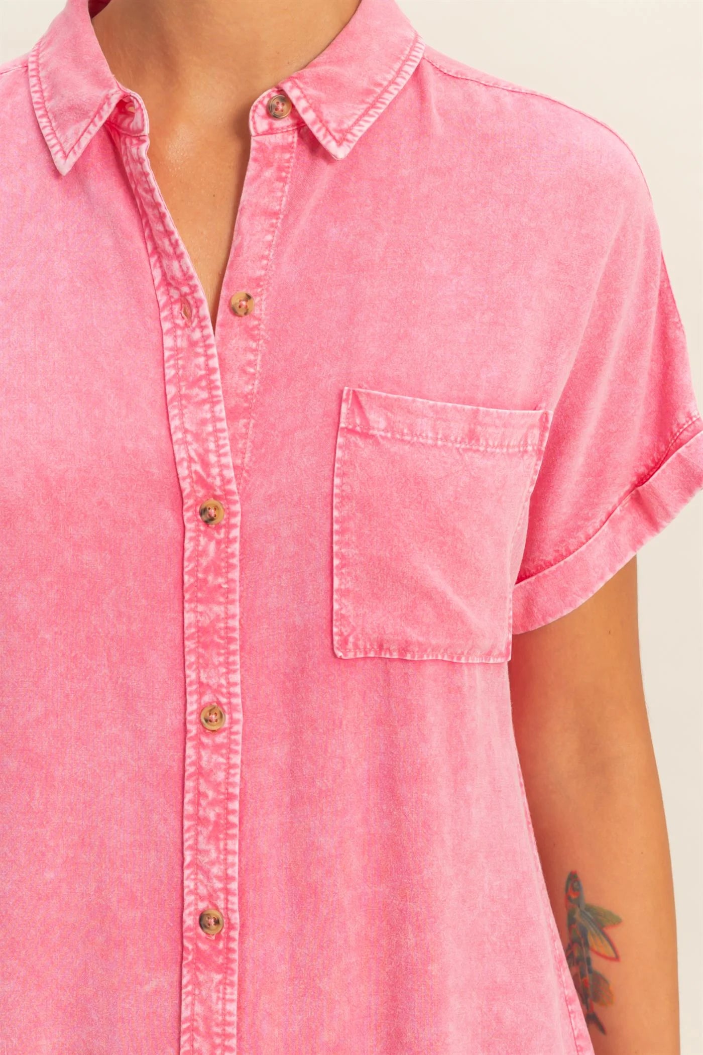 Taffy Pink Mineral Wash Button-Up Shirt – Casual Chic Style