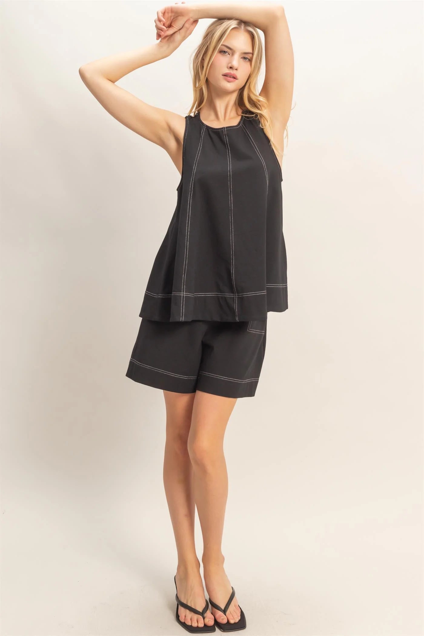 Black Cotton Lounge Set – Sleeveless Top & Flowy Shorts