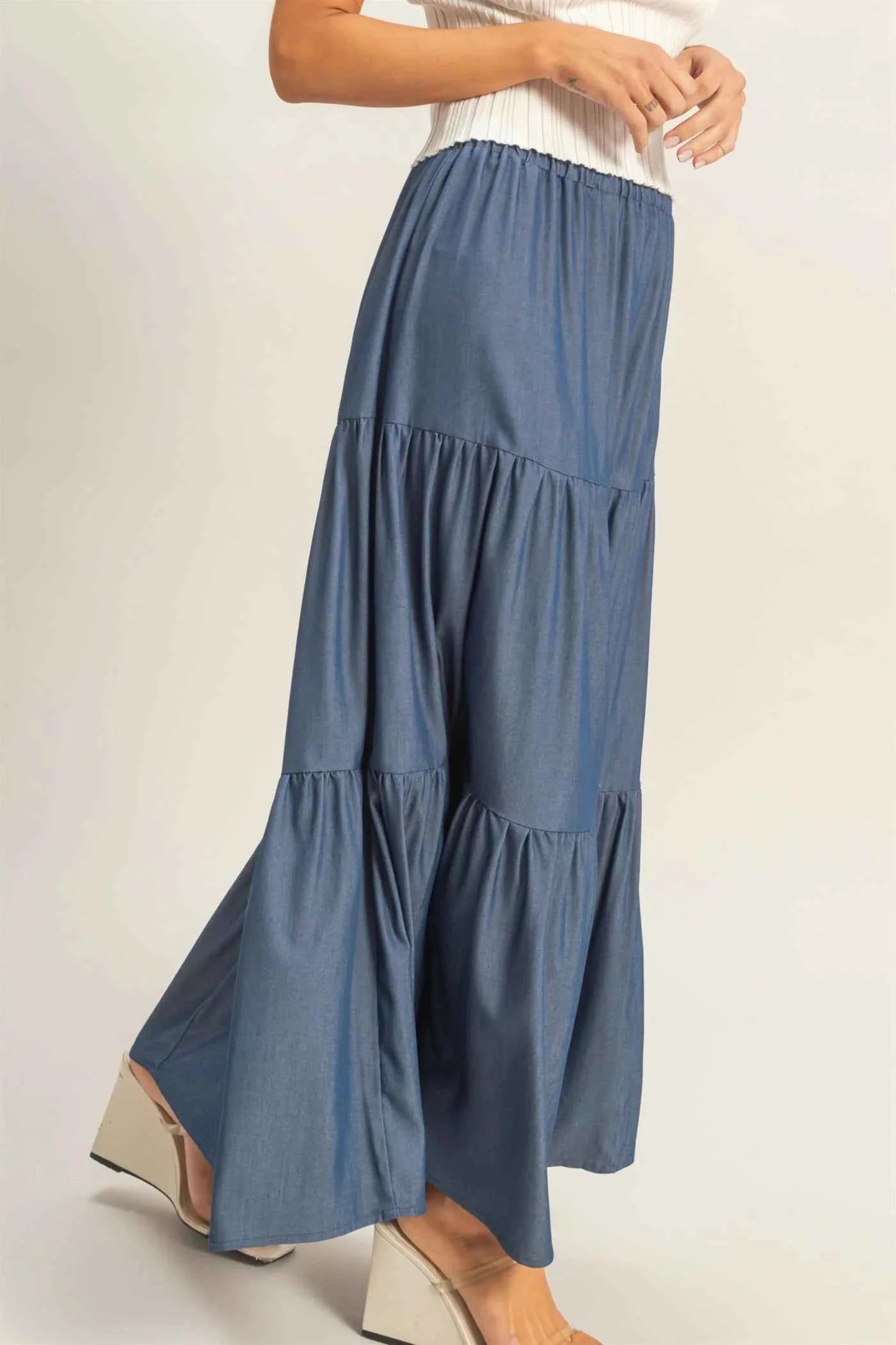 Denim Elastic Waist 3-Tier Skirt