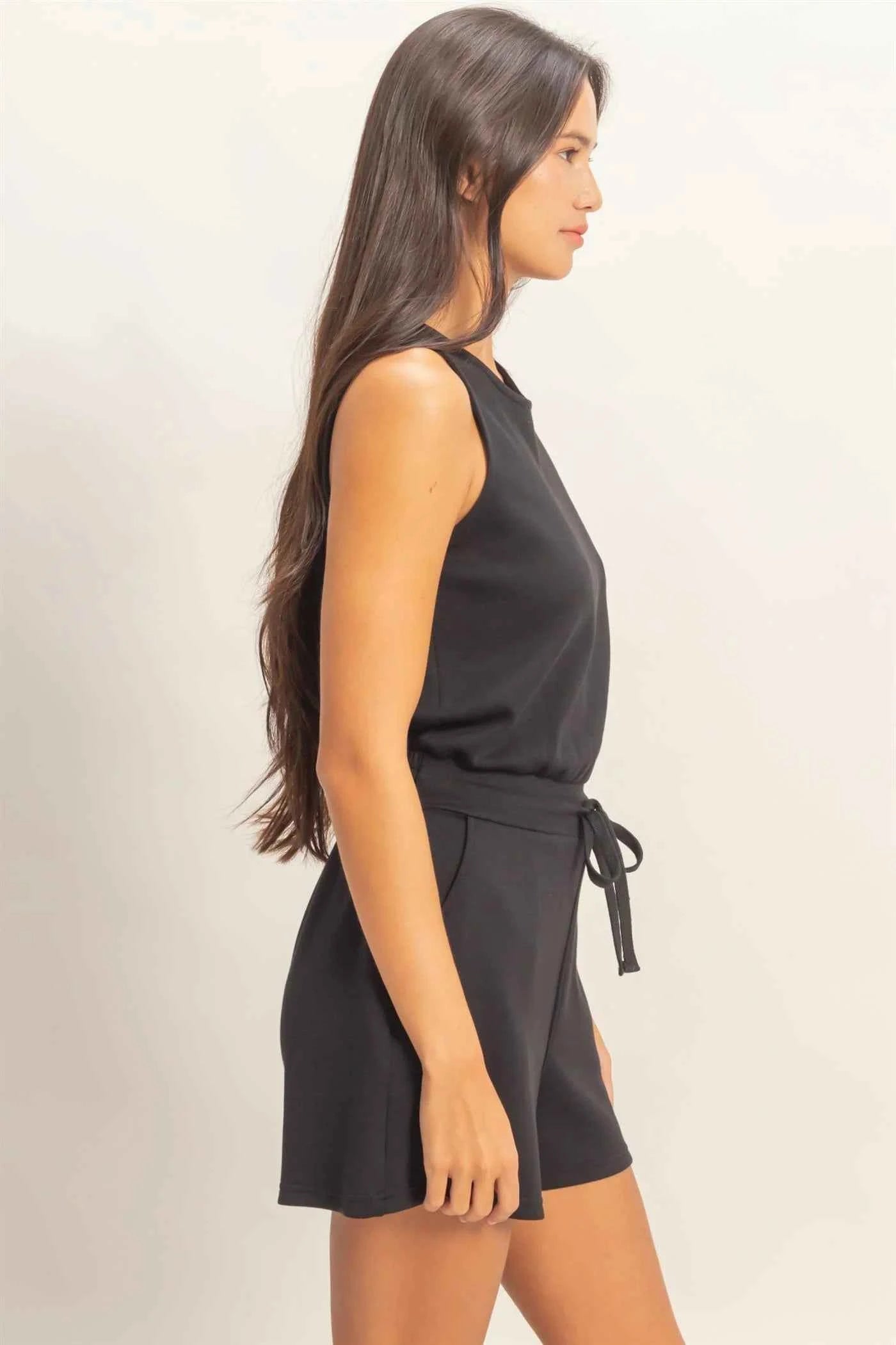 Black Sleeveless Tie-Waist Romper