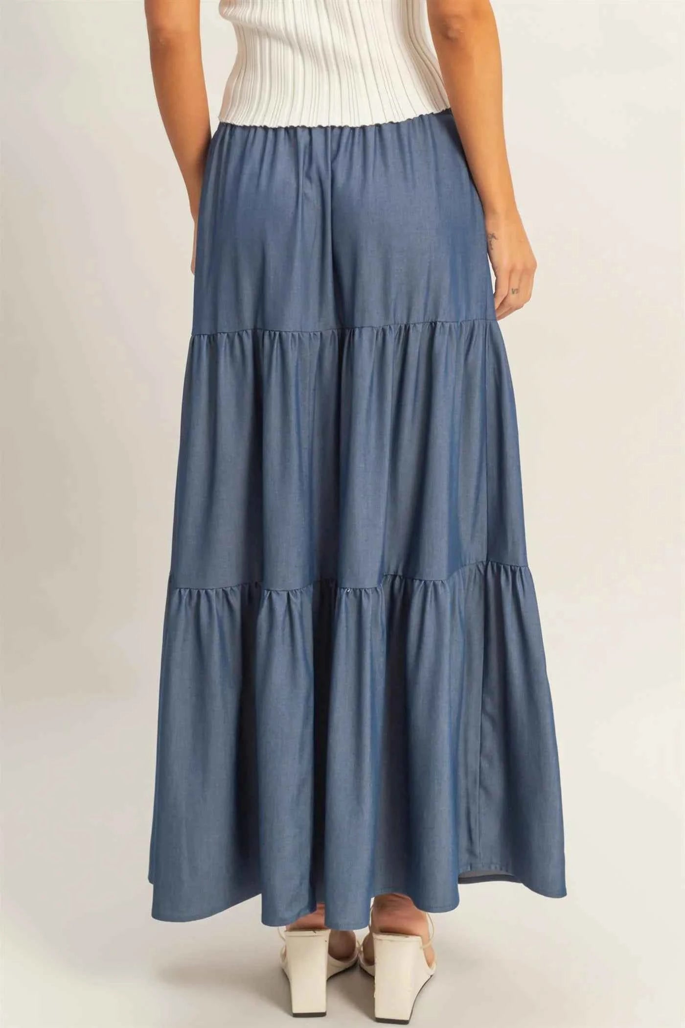 Denim Elastic Waist 3-Tier Skirt