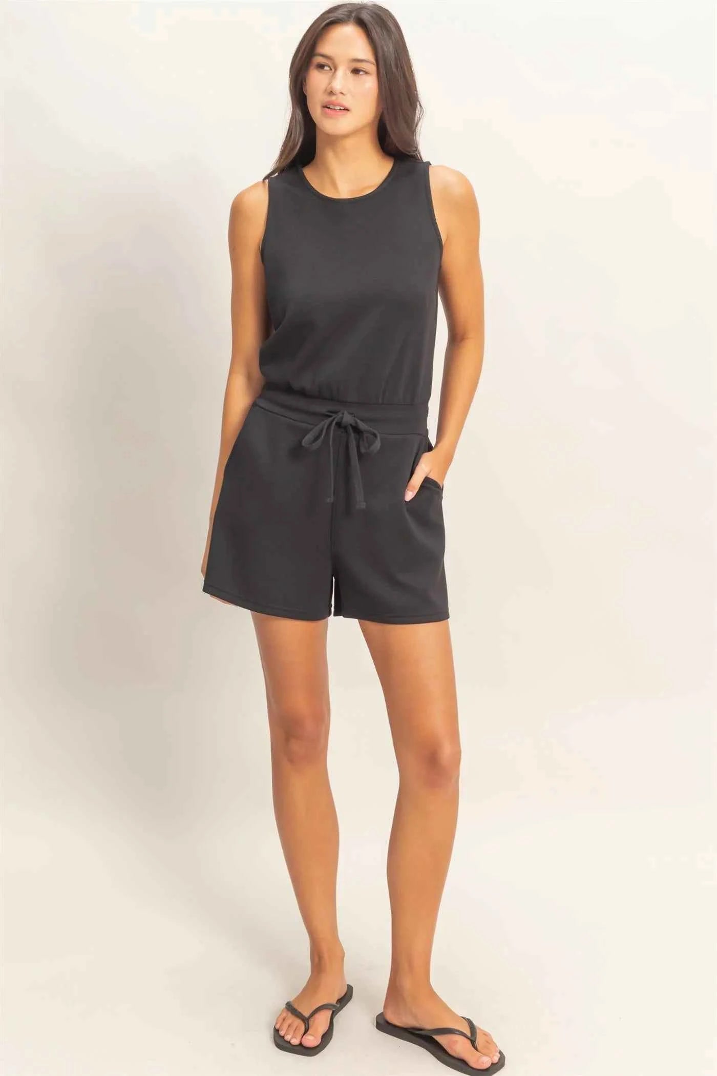 Black Sleeveless Tie-Waist Romper