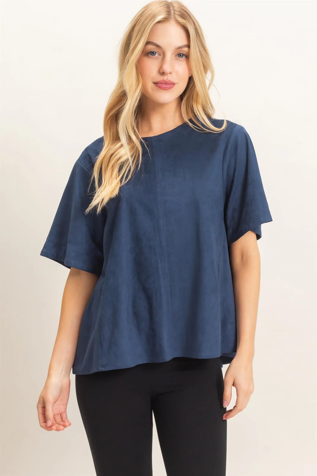 Navy Suede Boat Neck Top