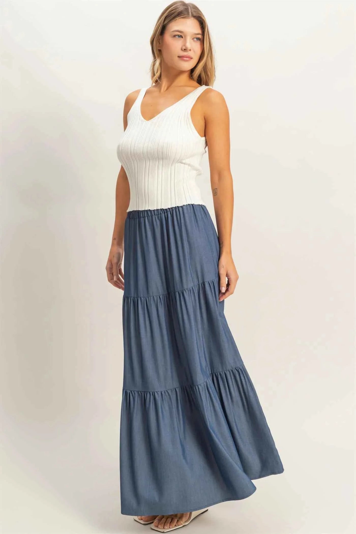 Denim Elastic Waist 3-Tier Skirt