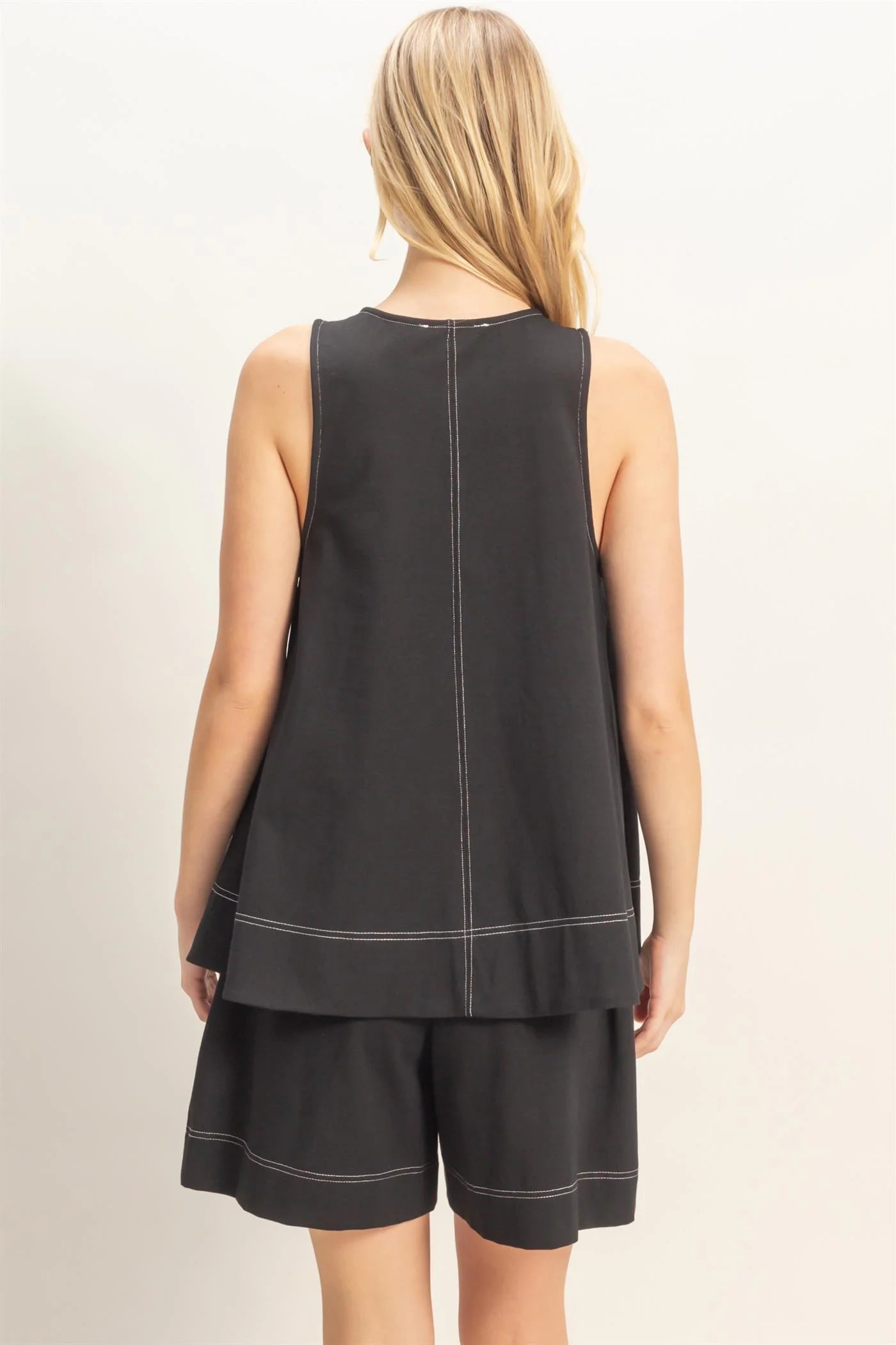 Black Cotton Lounge Set – Sleeveless Top & Flowy Shorts