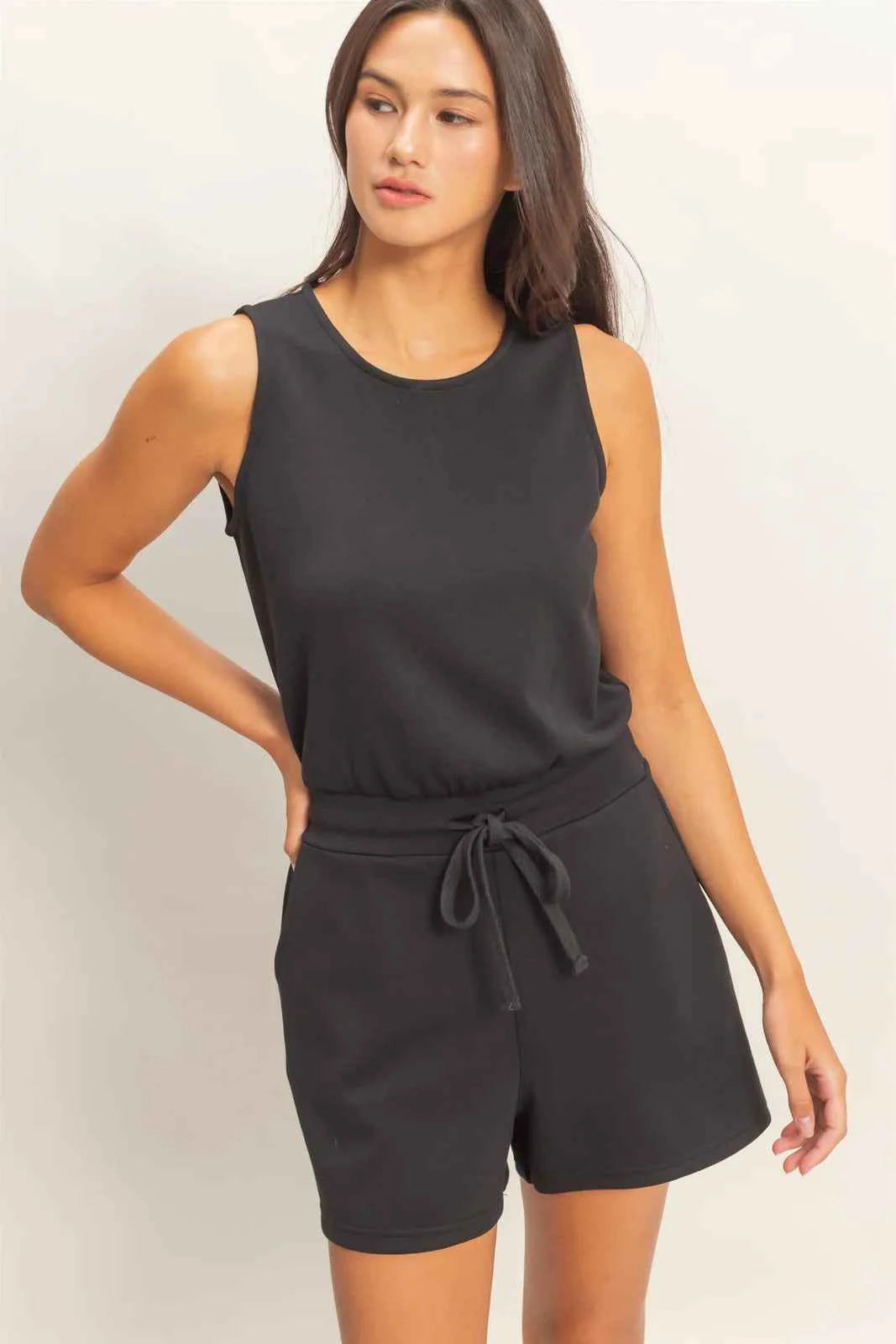 Black Sleeveless Tie-Waist Romper