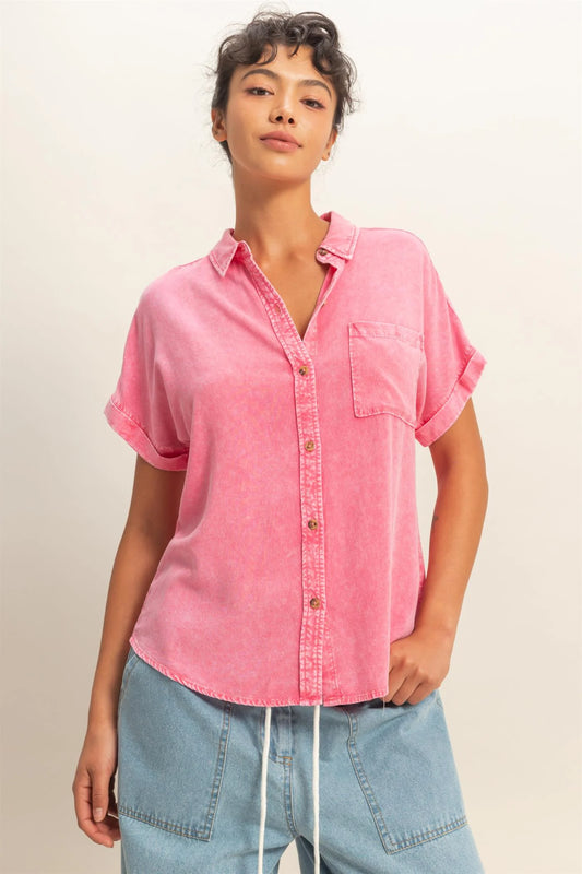 Taffy Pink Mineral Wash Button-Up Shirt – Casual Chic Style