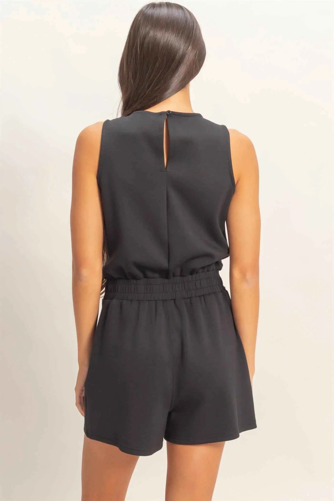 Black Sleeveless Tie-Waist Romper